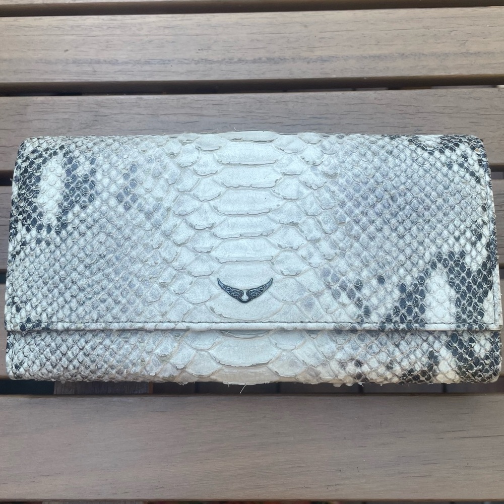 Zadig & Voltaire White and Black Python-Print Leather Clutch Wallet